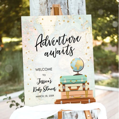 Adventure Awaits Travel Gold Confetti Baby Shower Poster