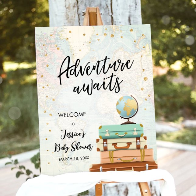 Adventure Awaits Travel Gold Confetti Baby Shower Poster (Creator Uploaded)