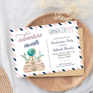 Adventure Awaits Travel Graduation Party Navy Pink Invitation