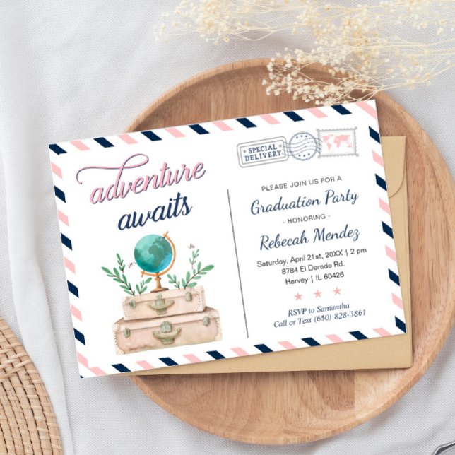 Adventure Awaits Travel Graduation Party Navy Pink Invitation (Creator Uploaded)