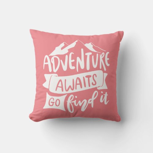 Adventure Awaits Travel Outdoor Pink White Girly Throw Pillow