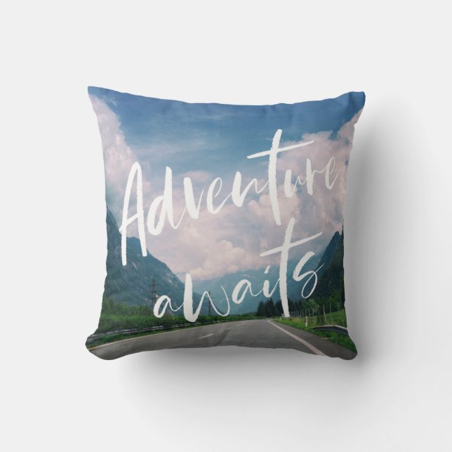Adventure Awaits Travel Quote Throw Pillow (Front)