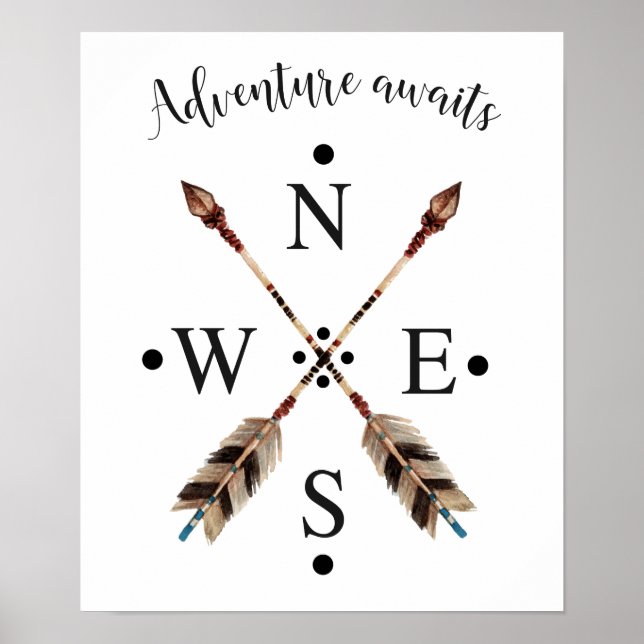 Adventure awaits Typography Tribal Arrows Compass Poster (Front)