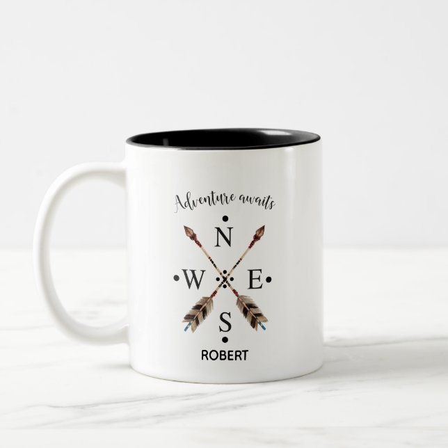 Adventure awaits Typography Tribal Arrows Compass Two-Tone Coffee Mug (Left)
