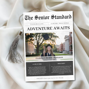 Adventure Awaits Unique Newspaper Graduation Photo Invitation