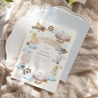 Adventure Awaits Vintage Balloon Baby Shower Invitation
