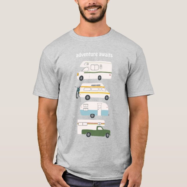 Adventure awaits! Vintage campervan vanlife RV T-Shirt (Front)