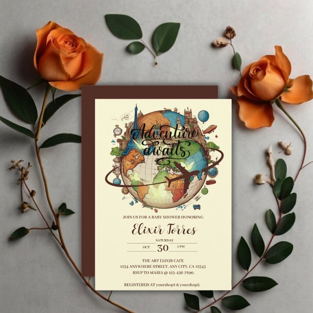 Adventure Awaits Vintage Globe Baby Shower Invitation (Creator Uploaded)