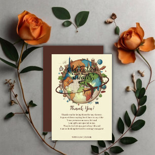 Adventure Awaits Vintage Globe Baby Shower Thank You Card