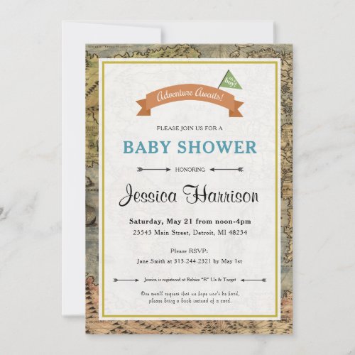 Adventure Awaits Vintage Map Baby Shower Boy Invitation