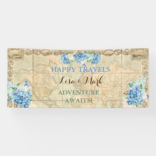 Adventure Awaits Vintage World Map Blue Hydrangeas Banner