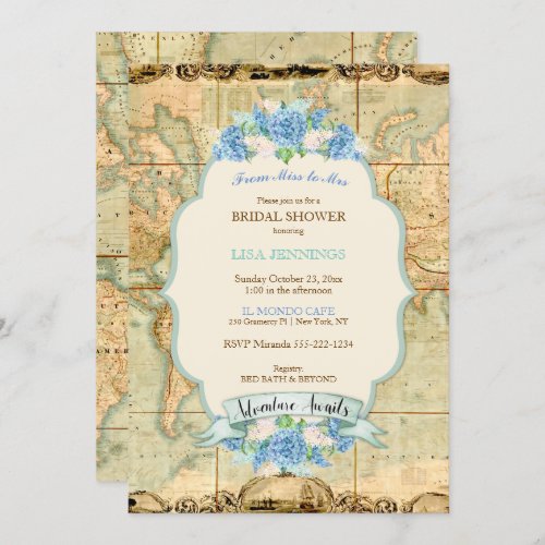 Adventure Awaits Vintage World Map Blue Hydrangeas Invitation