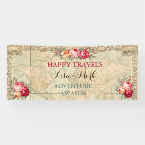 Adventure Awaits Vintage World Map Roses Banner