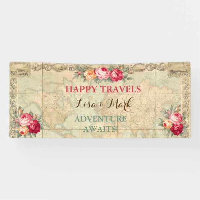 Adventure Awaits Vintage World Map Roses Banner (Horizontal)