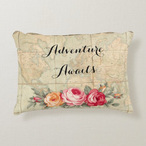 Adventure Awaits Vintage World Map Roses Decorative Pillow