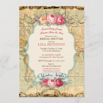 Adventure Awaits Vintage World Map Roses Invitation by HydrangeaBlue at Zazzle