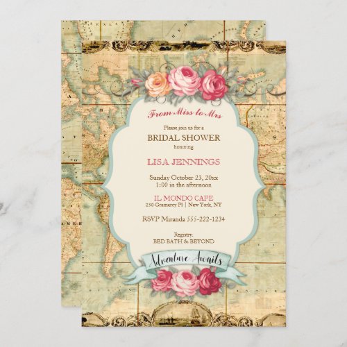 Adventure Awaits Vintage World Map Roses Invitation