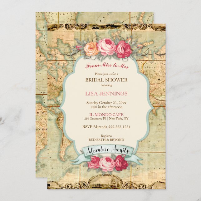Adventure Awaits Vintage World Map Roses Invitation (Front/Back)