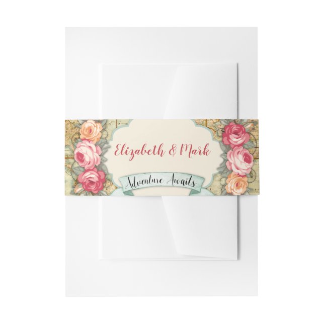 Adventure Awaits Vintage World Map Roses Invitation Belly Band (Front Example)
