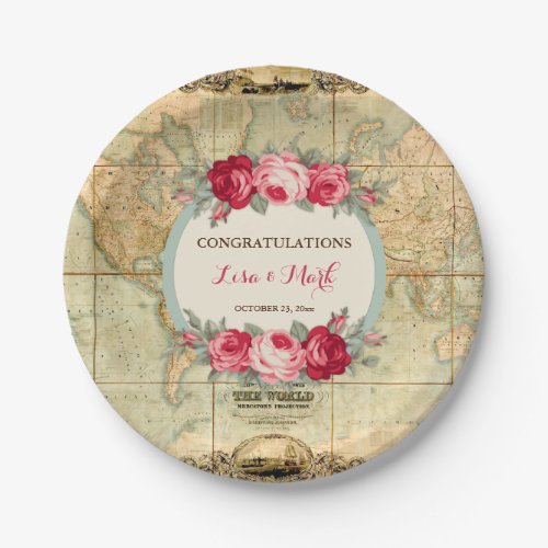 Adventure Awaits Vintage World Map Roses Paper Plates