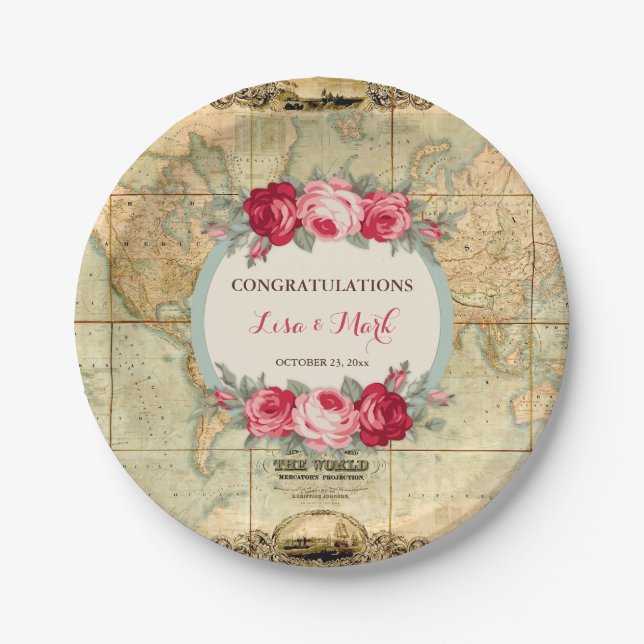 Adventure Awaits Vintage World Map Roses Paper Plates (Front)