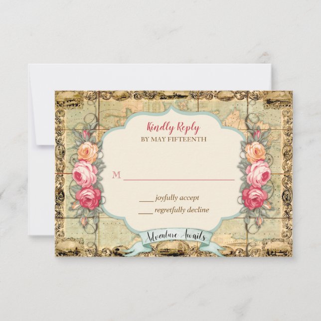 Adventure Awaits Vintage World Map Roses RSVP (Front)