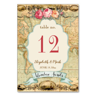 Adventure Awaits Vintage World Map Roses Table Number