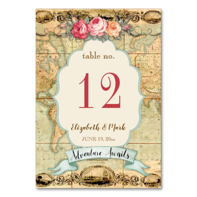 Adventure Awaits Vintage World Map Roses Table Number (Front)