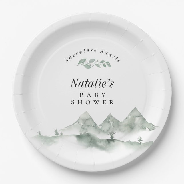 Adventure Awaits Watercolor Mountain Baby Shower Paper Plates (Front)