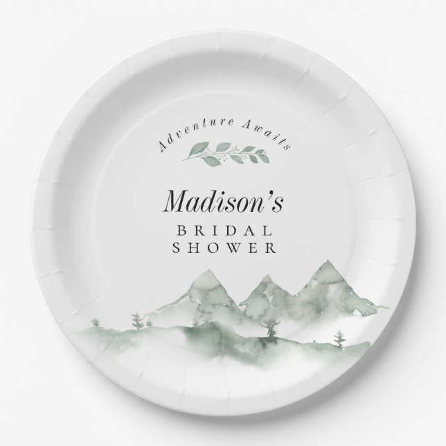 Adventure Awaits Watercolor Mountain Bridal Shower Paper Plates (Front)