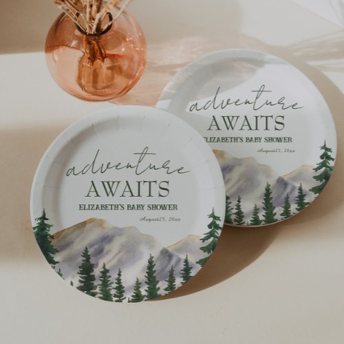 Adventure Awaits Watercolor Mountains Baby Shower Paper Plates