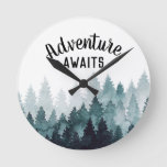 Adventure Awaits Watercolor Rustic Forest   Round Clock at Zazzle