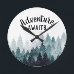 Adventure Awaits Watercolor Rustic Forest   Round Clock<br><div class="desc">watercolor painted rustic forest "adventure awaits" clock. Customizable!</div>