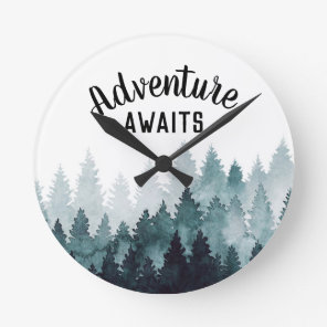 Adventure Awaits Watercolor Rustic Forest   Round Clock