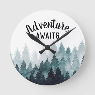 Adventure Awaits Watercolor Rustic Forest   Round Clock