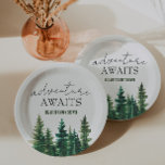 Adventure Awaits Watercolor Rustic Pine Trees Paper Plates<br><div class="desc">Watercolor rustic pine forest "adventure awaits" baby shower paper plates.</div>