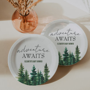 Adventure Awaits Watercolor Rustic Pine Trees Paper Plates