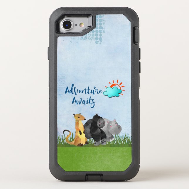 Adventure Awaits Watercolor Safari Jungle Animals Otterbox iPhone Case (Back)