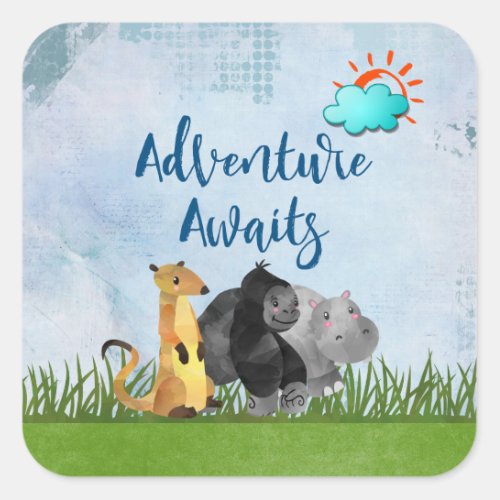 Adventure Awaits Watercolor Safari Jungle Animals Square Sticker