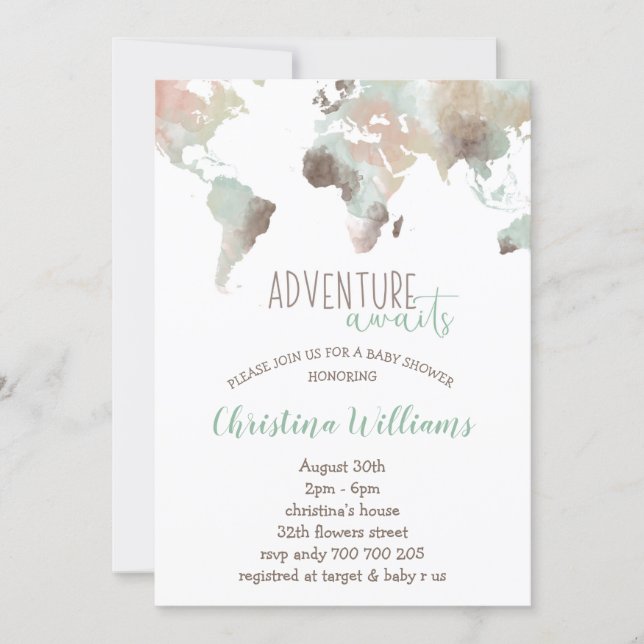 Adventure Awaits Watercolor World Map Baby Shower Invitation (Front)
