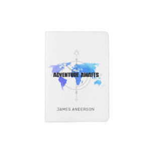 Adventure Awaits Watercolor World Map Compass Passport Holder