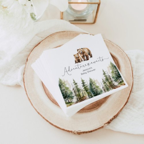 Adventure awaits wild forest bear baby shower napkins