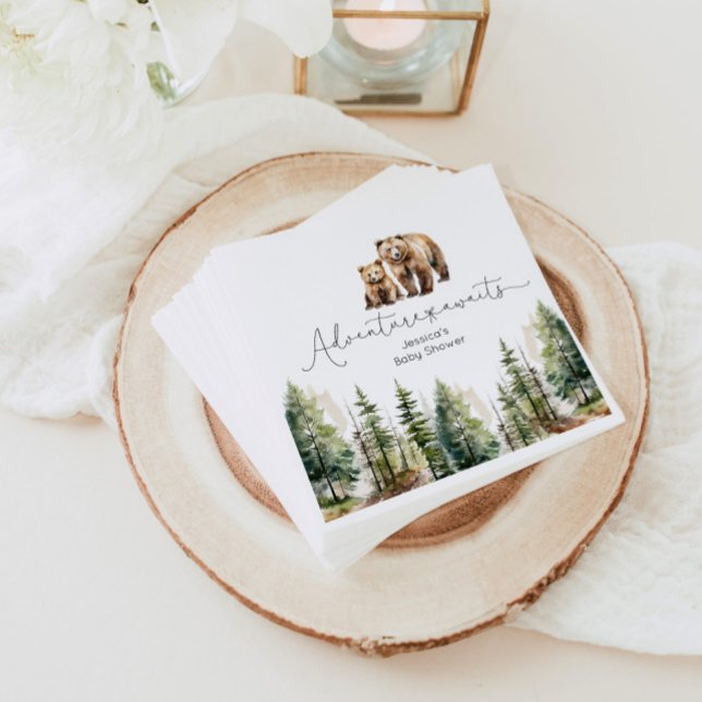 Adventure awaits wild forest bear baby shower napkins (Creator Uploaded)