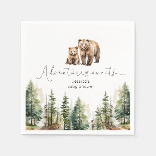 Adventure awaits wild forest bear baby shower napkins