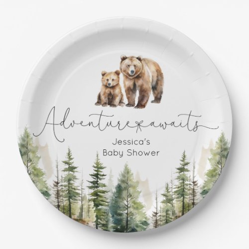 Adventure awaits wild forest bear baby shower paper plates