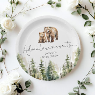 Adventure awaits wild forest bear baby shower paper plates