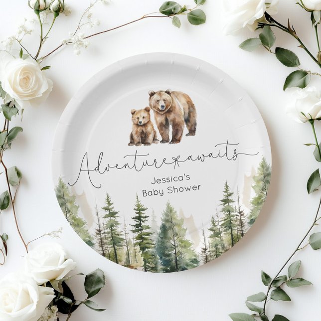 Adventure awaits wild forest bear baby shower paper plates (Creator Uploaded)