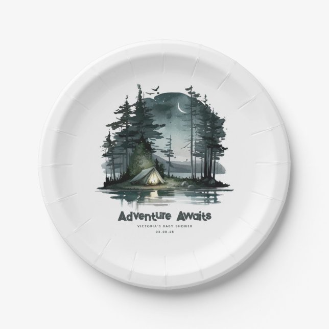 Adventure Awaits Wild Nature Camping Party Paper Plates (Front)