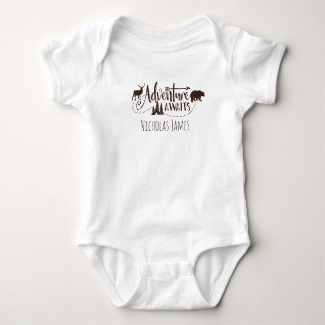"Adventure Awaits" Wilderness Personalized Baby Bodysuit (Front)
