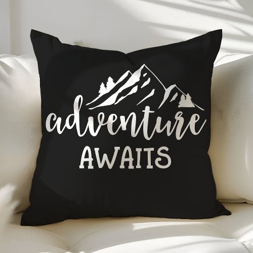 Adventure Awaits Wilderness Quote Black And White Throw Pillow